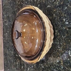 Pyrex Amber Glass Casserole with Woven Basket